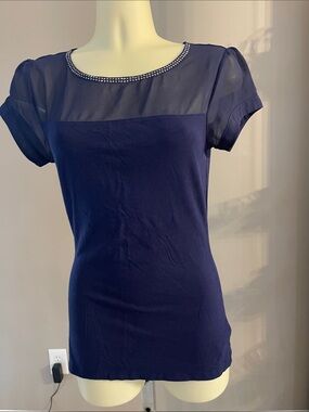 Express Women’s Navy Short Sleeve Jewel-Neck Top  EUC